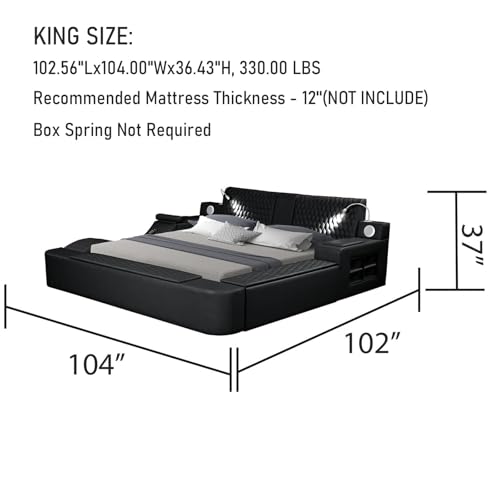 Wirktive Smart Bed with Massage Recliner Chair - luxuriöser Bett-Rahmen King Size mit Leselicht, USB-Port und Lautsprecher, multifunktionaler gepolsterter Bett-Rahmen mit hochklappbarem Beistelltisch und Stauraum-Fußteil