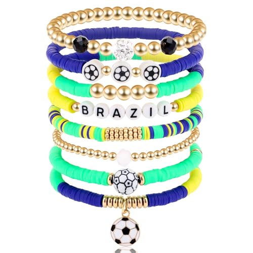 DESKSA Soccer Bracelet Gifts for Women, Football Beaded Stackable Bands with Brazil Letter Charms, Game Day Sports Party Outfit Accessories, Festival Birthday Holiday Gifts for Friends Family Couples