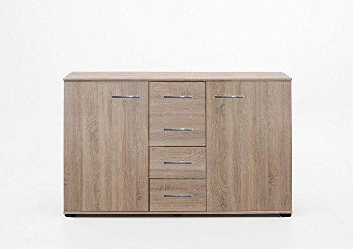Beauty.Scouts Möbel EXTARA Collection Kombi-Kommode Siblo L Stauraumschrank Kommode 130x83x41cm Eiche sägerau NB Chrome glänzend Aufbewahrungsschrank Schrank Sideboard Board Anrichte