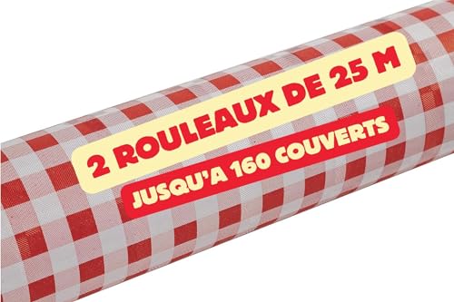SANYGIENE | Rouleau Nappe Papier Jetable Vichy Carreaux Rouge et Blanc | 2 Rouleaux de 25 M = 50 M | Largeur 1,20 M | Brasserie - Bistro Rétro - Bouchon Lyonnais - Guinguette