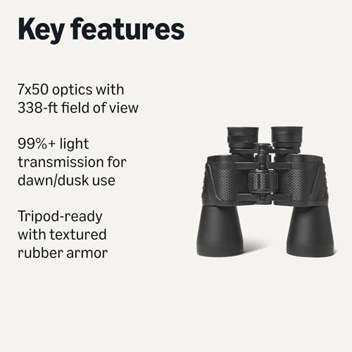 Amazon Basics 7x50 High Power Binoculars for Adults, Wide Field of View, FMC Optics, Tripod Compatible, BAK-4 Prism, Rubber Armor, Black view 2
