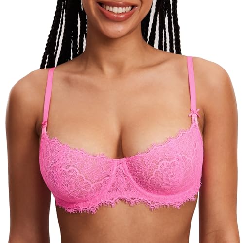 Image of DOBREVA Women's Balconette Sexy Unlined Bra Lace Push Up Plus Size Bras See Through Underwire