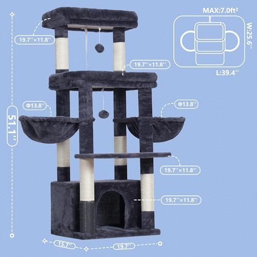 Image of Hey-brother Cat Tree Tower, Scratching Posts with Extra Large Platform, Specious Condo, 2 Cozy Hammocks, Self-Grooming Brush for Indoor Adult Cats, Maine Coon 51.1 inches, Smoky Gray MPJ070G