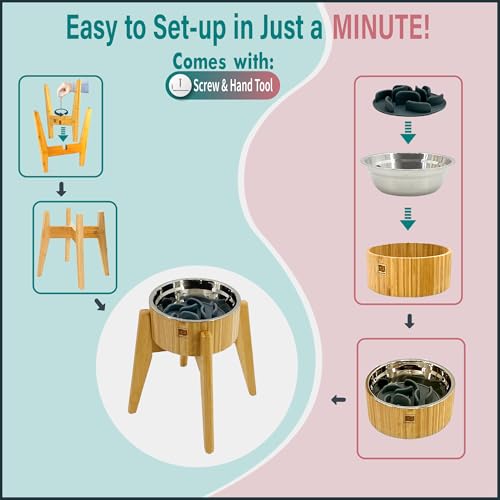 Elevated Slow Feeder Dog Bowls Large Breed - (12-inch-high) - Raised Bowl with Anti-Choking Insert - Stainless Metal and Bamboo by ZPirates - Image 6