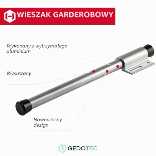 Gedotec Uchwyt do garderoby z aluminium anodowanego w kolorze srebrnym – wysuwany wieszak na ubrania, długość 225 mm – półkowy wentylator do ubrań do przykręcania, wysuwany wieszak na ubrania do