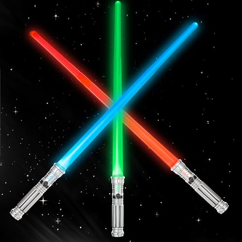 SYNCFUN 3 Pack 7 Colors Light Up Swords for Kids, Dual Extendable LED Swords Set with FX Sound (Motion Sensitive) and Sliver Handle for Fighters and Warriors, Halloween Birthday Party Gift for Boys