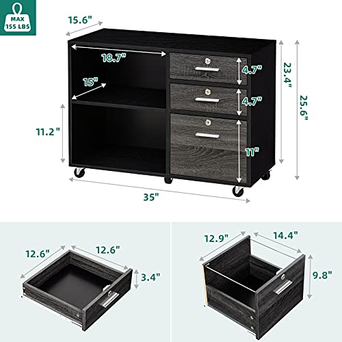 Yitahome Wood File Cabinet, 3 Drawer Mobile Lateral Filing Cabinet, Storage Cabinet Printer Stand With 2 Open Shelves For Home Office Organization, Black And Grey #TOP2