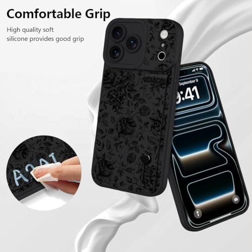 Jefonha Case for iPhone 17 Pro Silicone Phone Case with Strap for Women Girls Cute Flowers Floral Design, Adjustable Finger Strap Kickstand Protective Cover, Black Retro Rose by Jefonha - Used condition - Image 5