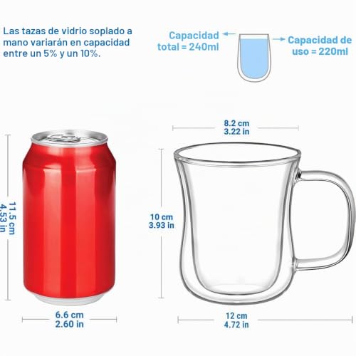 Miniatura 2 de Ecooe 2x240ml Tazas De Café De Cristal,Vasos De Doble Pared Con Asa,Tazas De Vidrio Borosilicato Paraté,Café,Leche,Latte,Macchiato