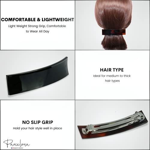 Parcelona French Rectangular Bar Large 4" Celluloid Acetate Hair Barrette Clips For Women Set Of 2 Ponytail Automatic Hair Barrette For Thick Hair Durable Fashion Hair Styling Women Hair Accessories Hair Barrette For Girls, Made In France (Tortoise Shell Brown - Black) #TOP1