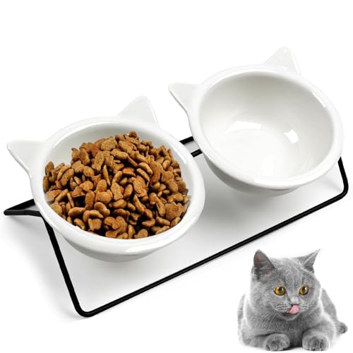 Roysmart Futternapf Katze Keramik, Erhöhter Futternapfs Katzen, 15° Geneigtem für Katzen und Kleine Hunde Sachen, Katzennapf Aus Keramik Erhöhter, Keramiknapf Abnehmbarer Futternapf Katze Erhöht