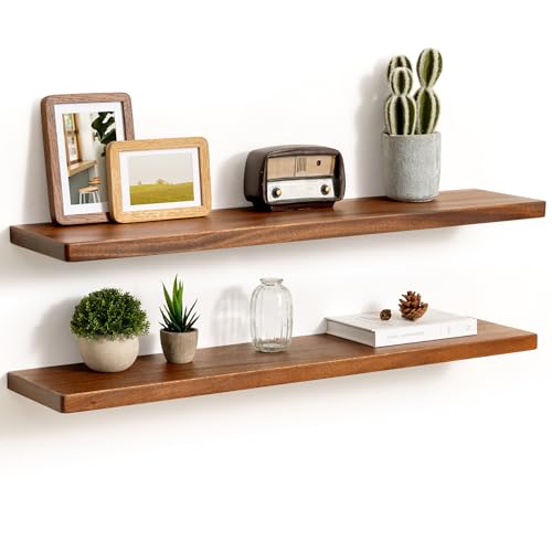 Fun Memories 36 Inch Floating Shelves, Rustic Solid Wood Wall Shelves Set of 2, 8 Inch Deep Floating Shelf for Bathroom,