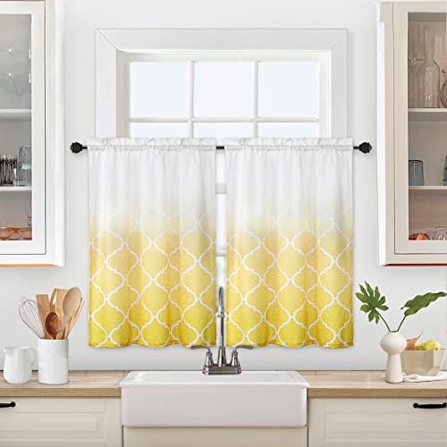 Royhome Tier Curtains For Kitchen Window, Ombre Moroccan Printed Bathroom Window Curtain, Gradient Color Geometric Design Window Treatment Decor Curtains, 26" W X 30" L, Yellow, Set Of 2 #TOP1