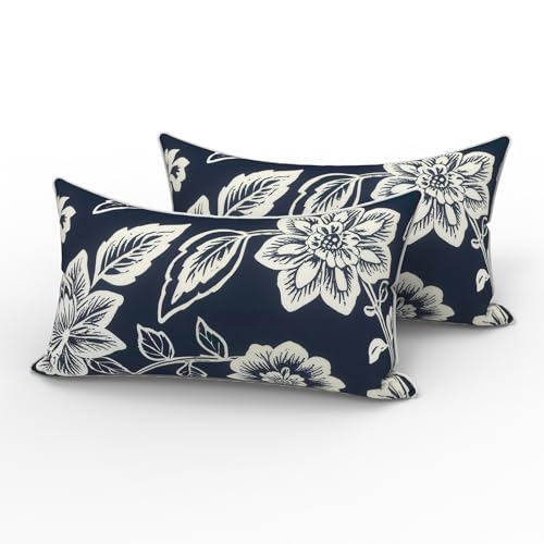 LVTXIII 2 Pack Outdoor Lumbar Pillows 12x20 Inch with White Piping, Fade Resistant Support Throw Pillows with Inserts for Patio Furniture, Sofa, Chair, Elegant Vines Navy
