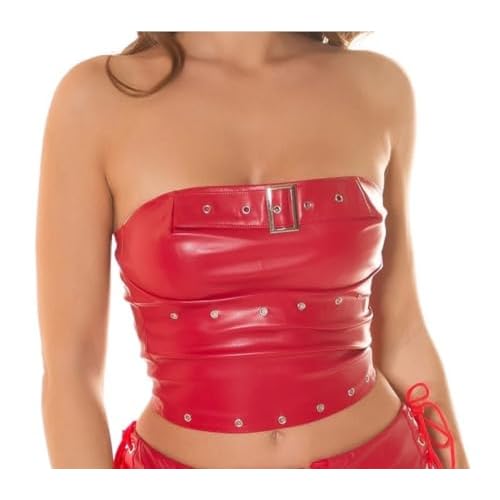 krautwear Damen Kunstleder Bandeau Crop Top Bauchfrei Bandeautop im Lederlook mit Deko Schnalle Ösen