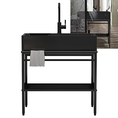 GLETSF Fregadero De Cocina Negro para Uso General, para Exteriores, Independiente, De Acero Inoxidable 304, De Un Solo Seno, Multifuncional, para Uso Comercial, Estación De Lava-68x45x86cm