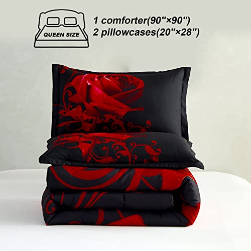 Red Comforter Set Queen Reversible Red Rose Pattern Printed Bedding Down Comforter With 2 Pillowcases For All Seasons, Soft Microfiber Lightweight Bedding Set 90"X90" #TOP5