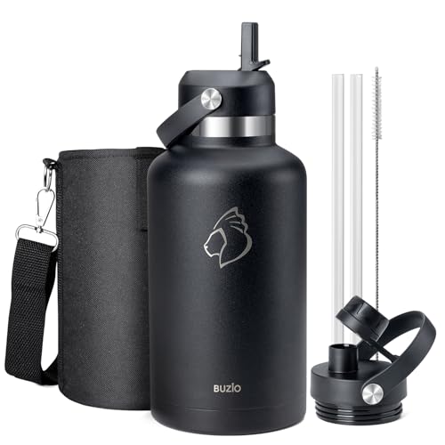 64oz Insulated Water Bottle with Straw Spout Lid, BUZIO Half Gallon Stainless Steel Thermo Flask with Carrying Pouch, Double Wall Vacuum Wide Mouth Leak Proof Tumbler Mug Metal Canteen, Black