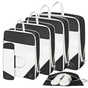 SWIHELP Compression Packing Cubes for Suitcases 6 set, Travel Luggage Organizer, Travel Packing Kit with Clothes Storage Bag Shoes Bag Toiletry Bag Underwear Bag