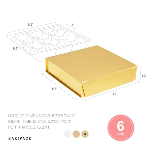 Image of 6 Truffle Boxes, Chocolates Boxes, Gold Truffle Gift Boxes Packaging with 9-Piece Plastics Tray, Magnetic Closure Lid 5.7x5.7x1.3 Inches