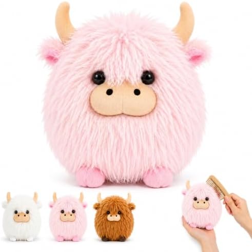 Fluffy Highland Cow Plush, Soft Round Stuffed Animal Decor,Large-Pink