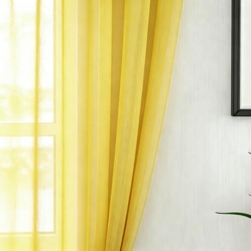 Cenefa amarilla para ventana corta de cocina, gasa traslúcida con bolsillo para barra 5