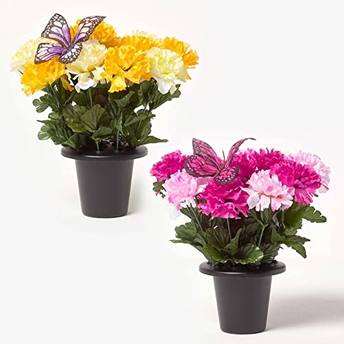 HOMESCAPES Set of 2 Yellow & Pink Carnation Grave Vases Artificial Grave Flowers with Butterfly Decoration in Grave Vase/Pot, 30 cm
