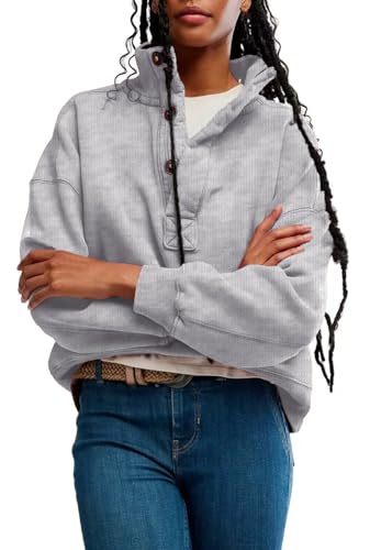 Gnveub Sweatshirt for Women Oversized Henley Neck Long Sleeve Button Pullover Tops Trendy Outfits Clothes(LightGrey,XL) - image 5