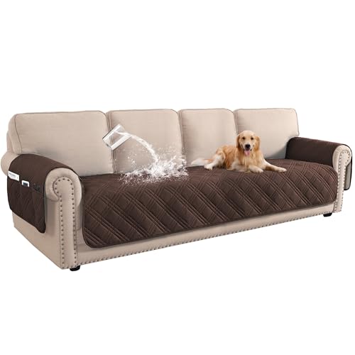 BellaHills 100% Waterproof Sofa Cover 4 Seater Sofa Slipcovers Couch Cover for Living Room Washable Sofa Seat Covers with Side Pocket Pet Couch Cover Sofa Protector (4 Seater, Brown)