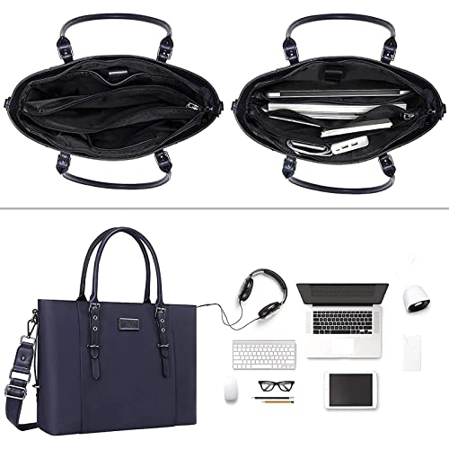 MOSISO PU Leather Laptop Tote Bag for Women (15-16 inch), Waterproof Large Capacity Business Work Briefcase Shoulder Laptop Bag, Navy Blue