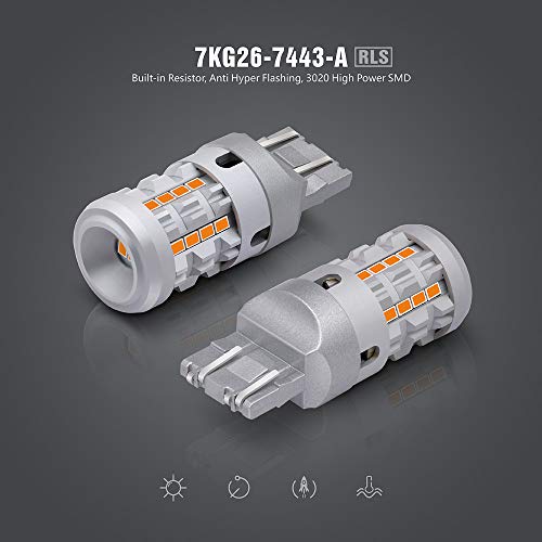 SIRIUSLED RLS 7443 7444 Built In Resistor Canbus Anti Hyper Flashing Error LED Turn Signal Light Bulb with Full Aluminum Body Dual Filament Smart Driver Amber Orange Color Pack of 2