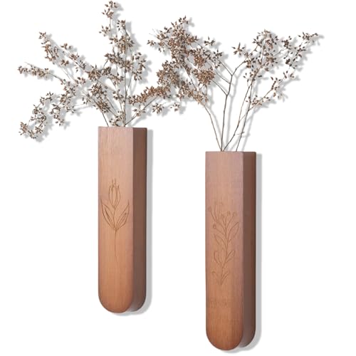 Wood Wall Vase Set of 2, 11.6 x 2.52 x 1.37 inch for Dried Flowers and Faux Greenery Plants for Bathroom,Kitchen,Farmhouse,Dining Room Wall Decor （Brown