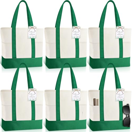 Shinylin 6 Pcs Mini Canvas Tote Bags with 2 Pockets, Green and Beige