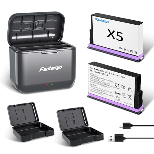 Fantasyo Insta 360 X5 Battery 2 Packs of 2800mAh + 1 Double Channel Fast Charge Hub, Only Compatible with Insta360 x5 Camera,Can Charge Two Batteries at The Same time (2*Battery+Charger)