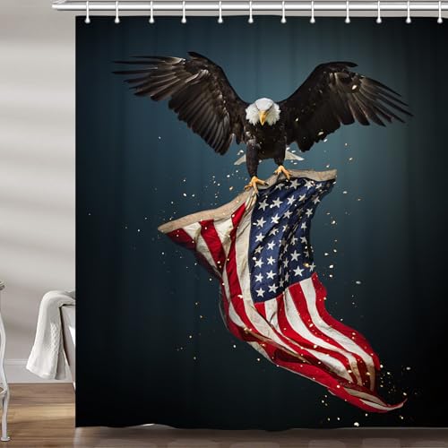 Viajar American Flag Shower Curtain 4th of July USA Eagle Independence Day Shower Curtain Patriotic USA Flag Waterproof Fabric Bath Curtains Set with 12 Hooks 72 X 72 Inch