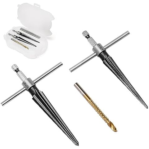 Mriuuod Hand Reamer Tool, Tapered Reamer Set, 3-13mm(1/8''-1/2'') & 5-16mm(½"-5/8") Bridge Pin Hole Handle Tapered Reamers 6 Fluted Chamfer Reaming Guitar Woodworker Luthier Tool Cover