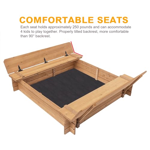 BIRASIL Wood Sandbox with 2 Bench Seats, Sand Boxes with Lid for Kids, Sand Pit with Cover for Outdoor Backyard Patio, 48 Inch - Thumbnail 3