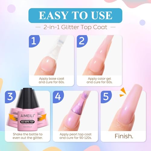 AIMEILI Pearl Glitter Top Coat Gel UV Gel lakier do paznokci, 10 ml No Wipe Top Coat do paznokci żelowych, poly żel, paznokcie akrylowe, szybki brokat, sztuka paznokci-001