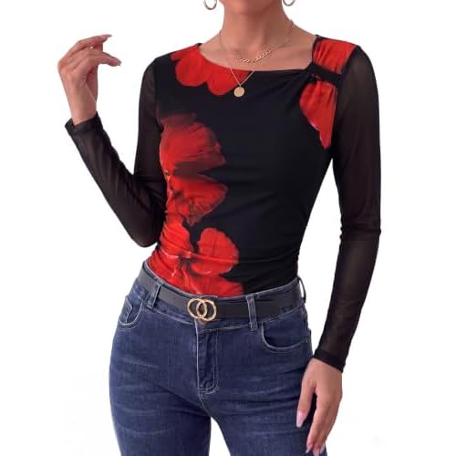 Arolina Womens Floral Mesh Tops Fall Ruched Y2k Long Sleeve Blouses Shirt | Asymmetrical Neck,Lined Torso,Sheer Sleeves,Tie Dye,Slim Fit,Ruched Tummy,Soft,Lightweight,Stretchy,Fall Clothes,G