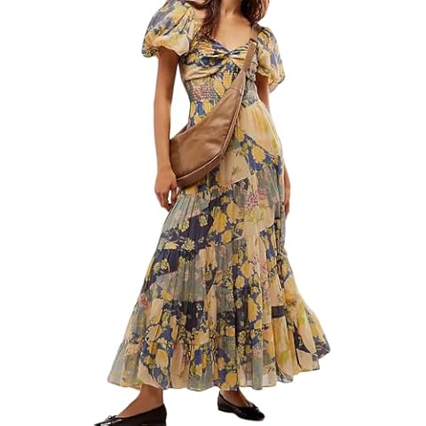 Recious Womens Sexy Puff Sleeve V Neck Ruched Floral Printed A-Line Party Clubwear Vacation Dress Cover