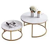 mesa comedor marmol travertino  Juego de 2 mesas redondas y modernas para salón, sofá, mesa auxiliar, 80 cm de diámetro x 45 cm de alto, mesa de salón (dorado + mármol)