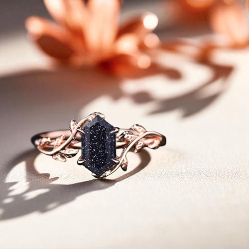 Blue Sandstone Ring – 14K Rose Gold Vintage Leaf Ring – Hexagon Cut Galaxy Stone Band – Handmade Fantasy Engagement Gift for Women3