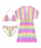 POWER FLOWER Mädchen 3-teiliges Badeanzug-Set, Bikini-Set mit Coverup zum Schwimmen, Zweiteiliger Badeanzug mit Coverup für Mädchen von 4 bis 16 Jahren (6-8 Years, LA725-Purple)