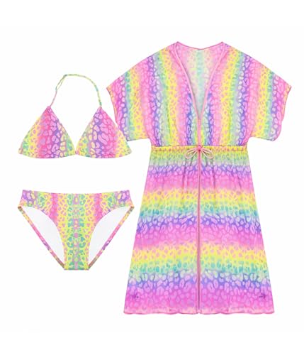 POWER FLOWER Mädchen 3-teiliges Badeanzug-Set, Bikini-Set mit Coverup zum Schwimmen, Zweiteiliger Badeanzug mit Coverup für Mädchen von 4 bis 16 Jahren (6-8 Years, LA725-Purple)