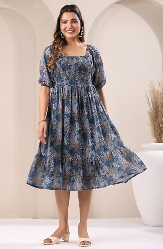 Image of Janasya Women's Teal Georgette Floral Printed Tiered Dress