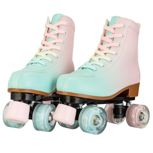 MEIGLQEA Roller Skates for Girls and Women, Cozy PU Leather Gradient Color Skates with Flash Wheels, Indoor Outdoor Skates for Beginner (33-Youth 2) by MEIGLQEA - Used condition - Image 4