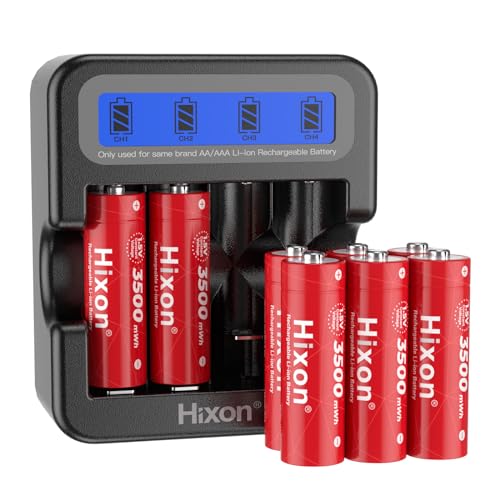 Hixon Baterías recargables AA de litio, paquete de 8 baterías dobles A de 1.5 V 3500 mWh con cargador LCD rápido de 2 horas, batería de iones de litio AA de larga duración (8 AA con cargador)