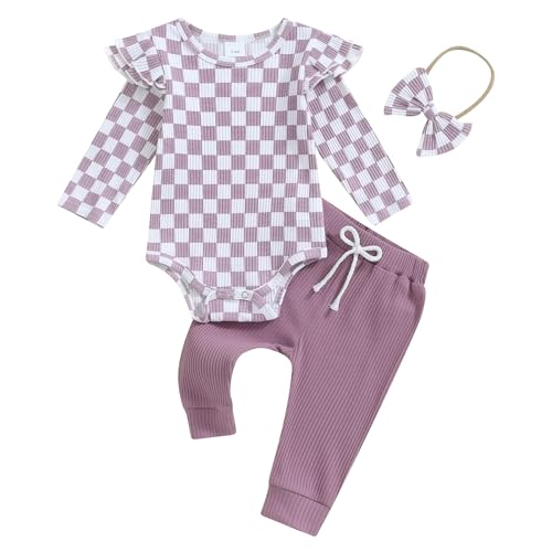 Hnyenmcko Newborn Baby Girl Fall Outfits Rib Frill Long Sleeve Ruffled Romper Solid Pants Headband Set 3Pcs Winter Clothes
