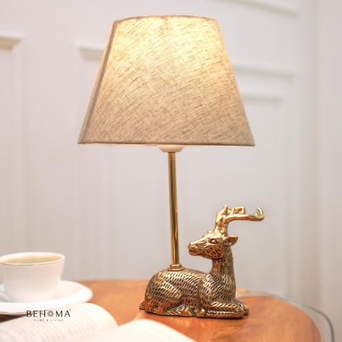 Image of BEHOMA Luxury Deer Figurine Table Lamp with Antique Gold Aluminium Base & Fabric Shade | Elegant Home & Office Decor | Gift for Men, Kids, Housewarming Anniversary & Birthday (Bulb not Included).