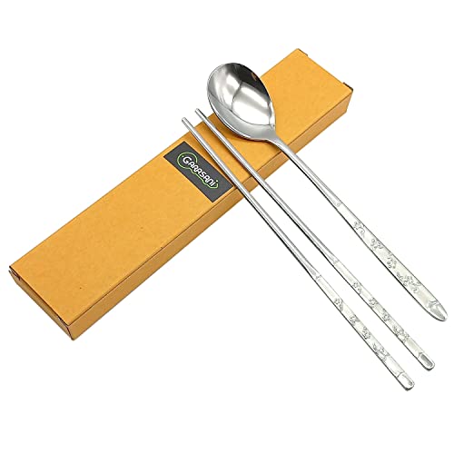 GARASANI Korean Traditional Cutlery Stainless Steel Spoons and Chopsticks Set (Silver Petal)